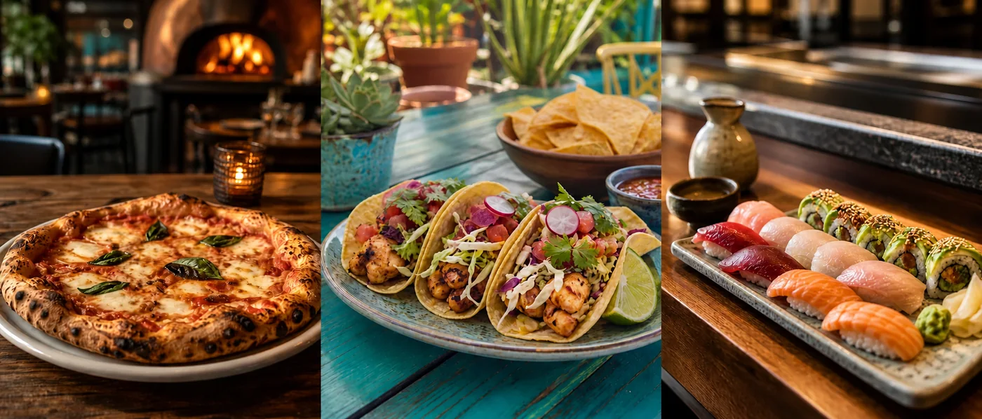 A wood-fired pizza, fresh tacos, and sushi at three inviting restaurants